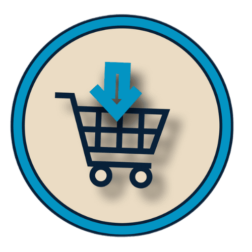 Shopping cart with a downward-pointing arrow, representing conversion, purchasing, and finalizing sales transactions.