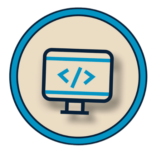 Desktop computer monitor showing code tags (), indicating web development, site architecture, and technical construction.